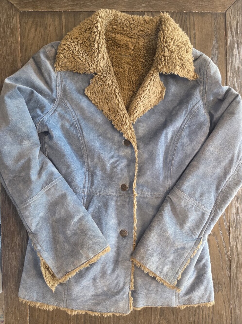 Y2K VINTAGE Guess Light Blue Genuine Leather Pea Coat with Tan Faux Sherpa Trim